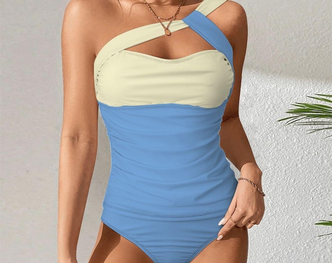 Blue and Yellow One-Shoulder Two Piece Swimsuit Customized Services
