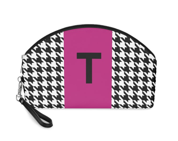 Magenta, Black, and White Houndstooth patterned Makeup Bag, Personalized with Initial T, Her Makeup bag, Initialized