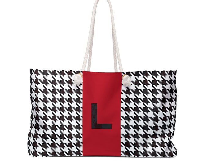 Houndstooth Black and White with Red and Black L Initialized Detail Womens Weekender Tote Bag
