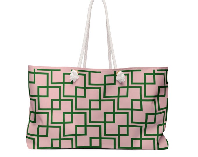 Green Geometric Squares Weekender Bag | Pink Background
