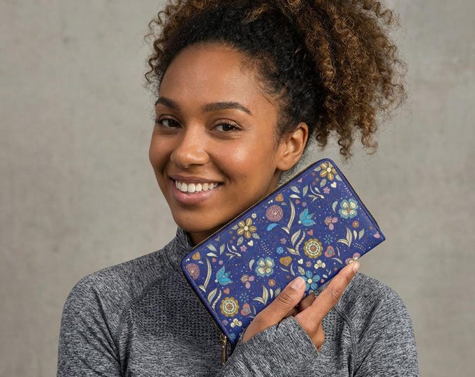 Cobalt Vintage Floral Pattern Zipper Wallet | Boho Flower Garden Wallet