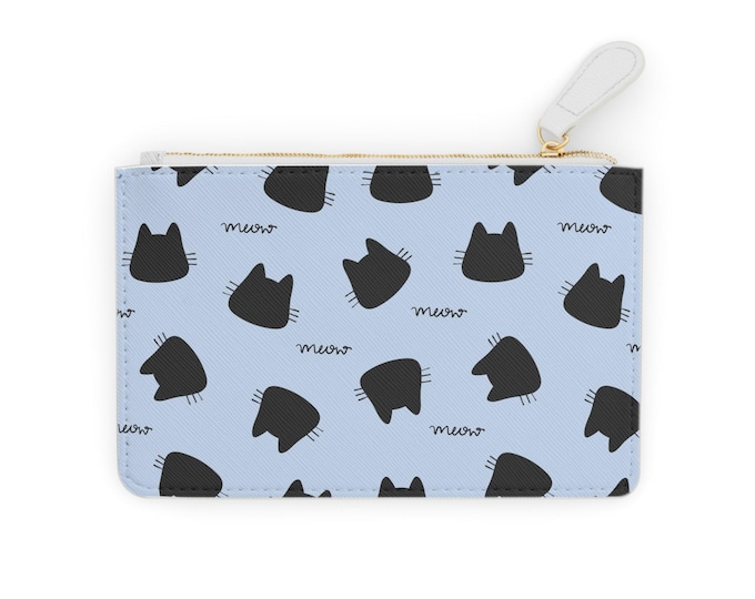 Black Cat Heads Meow Pattern Mini Clutch Bag | Blue Background