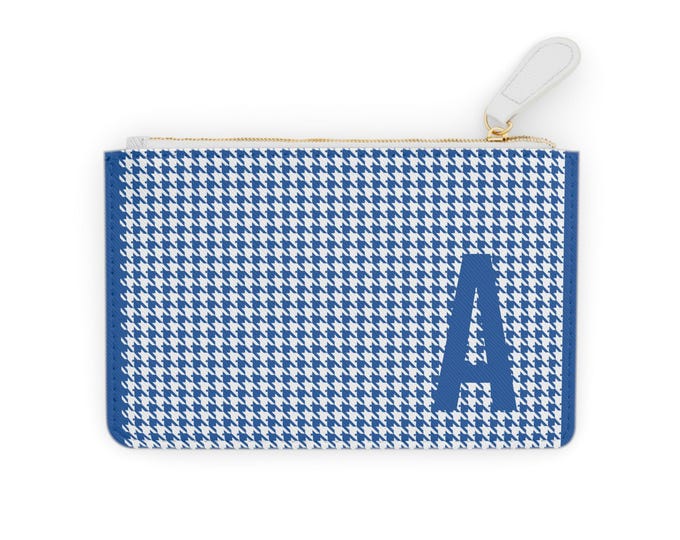 Houndstooth Morning Glacier Mini Clutch | A -Z Personalized Vegan Leather | Zippered Card Holder | Iron Woman 80 Sustainable Accessory