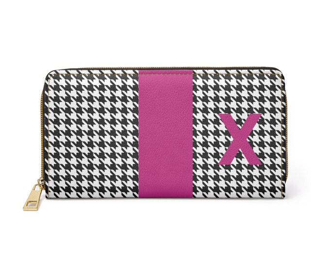 Houndstooth Black and White with Magenta X Initialized Detail Womens Zippered Wallet, Personalized Wallet, Initialized, Womens Wallet