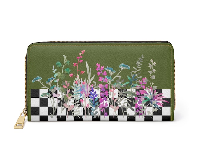 Wildflower Checkerboard Wallet – Warrior Olive Faux Leather Zip Wallet with Colorful Botanical Print | Iron Woman 80