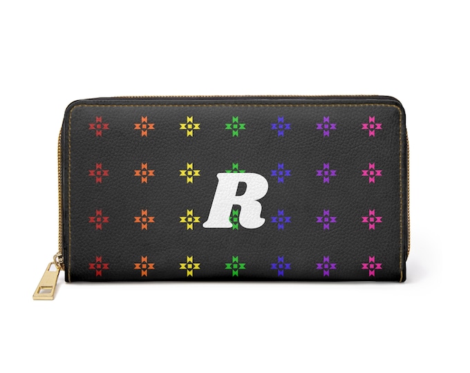 Rainbow Native Stars Womens Wallet, Personalized with White Initial R, Initialized Zippered