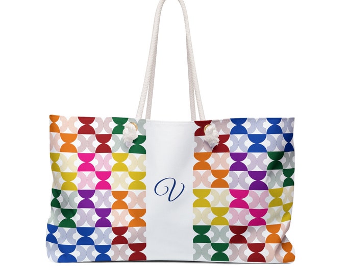 Personalized Weekender Tote | Rainbow Mid-Century Modern Bag | White Tote with Initial V | Oversized Travel Beach Bag for Women