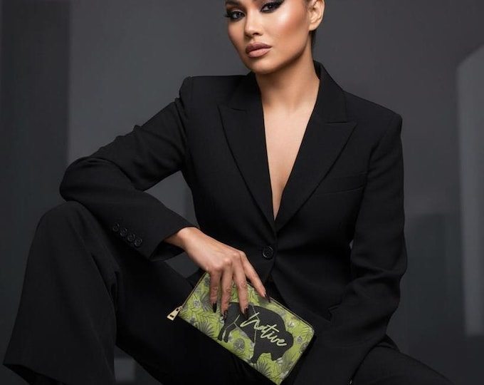 Native Buffalo silhouette Lime Zipper Wallet | Tropical Lotus Pattern