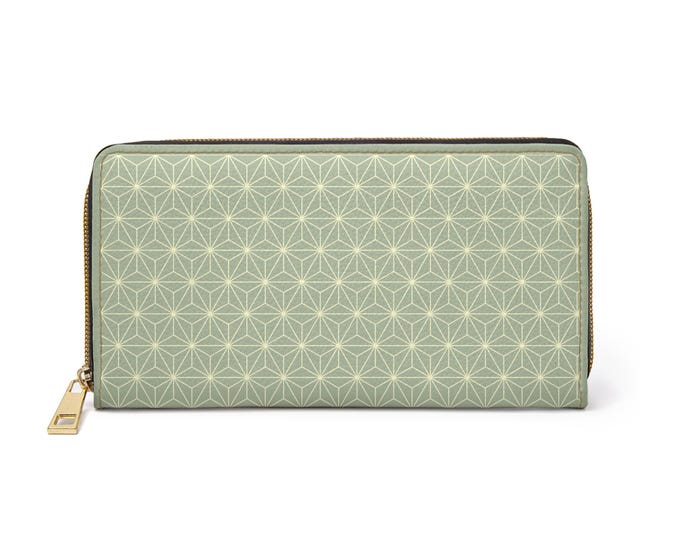 Geometric Asanoha Pattern Zipper Wallet | Sage Cream Long Wallet