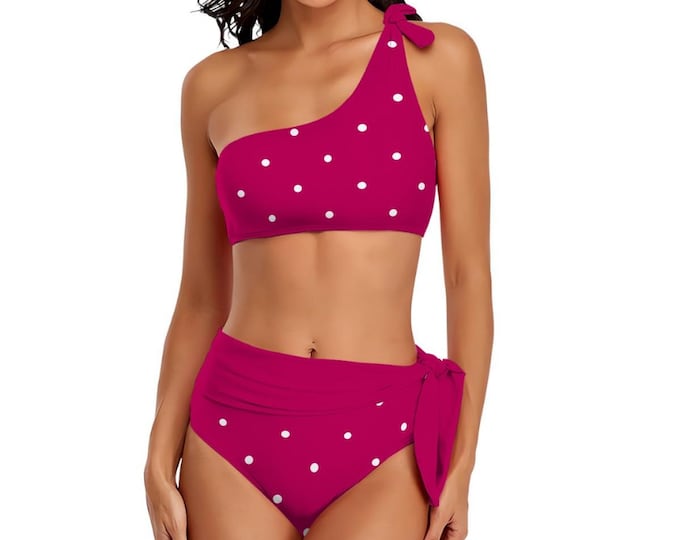 Fuchsia Polka Dot One-Shoulder Tie High-Waisted Bikini Customized Services