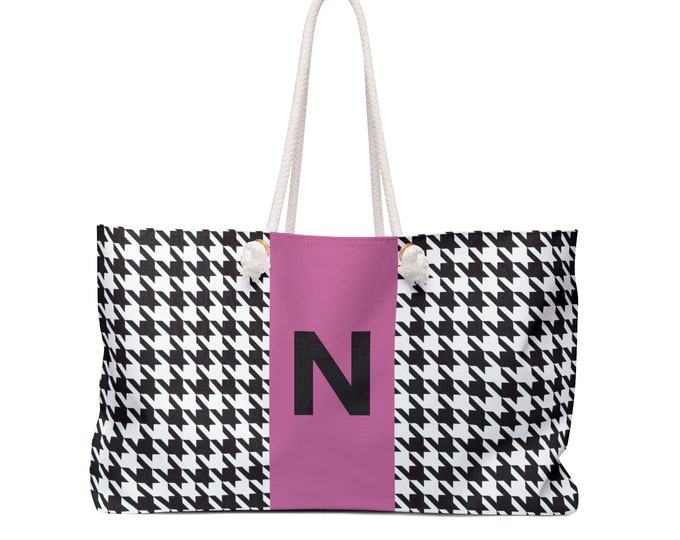 Houndstooth Black, White and Pink, with Black N Initialized Detail Womens Weekender Tote Bag, Personalized Bag, Initialized Handbag