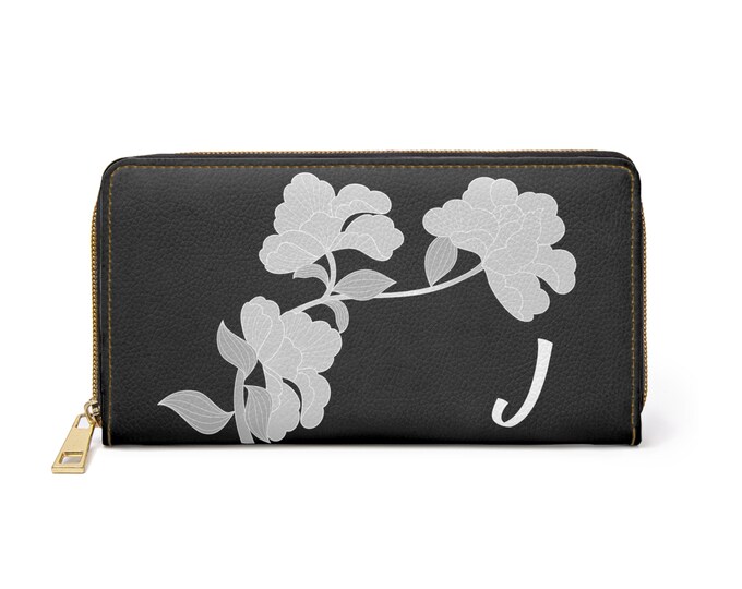 Black and White Womens Floral Wallet, Personalized with Initial J, Zippered