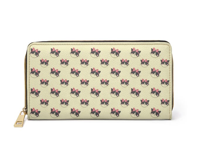 Cute Cat Faces Zipper Wallet | Buffalo Yellow Patterned Kitty with Pink Bows
