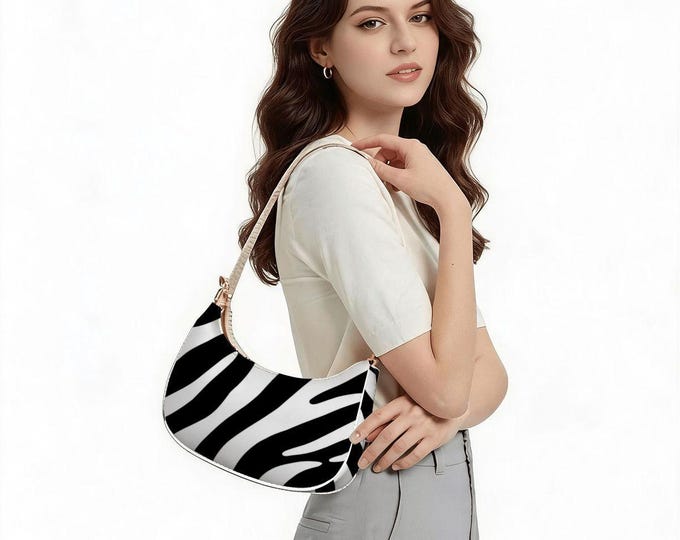 Black White Zebra Print PU Leather Crescent Bag