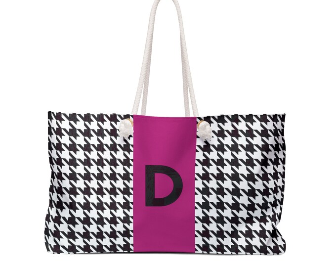Houndstooth Black, White and Magenta, with Black D Initialized Detail Womens Weekender Tote Bag, Personalized Bag, Initialized Handbag