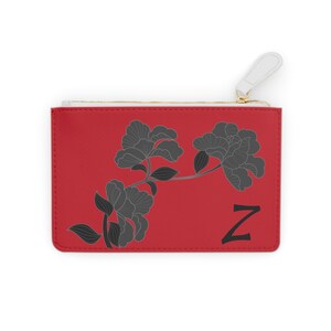 Red and Black Womens Floral Small Wallet, Personalized with your Initial, Zippered Cardholder, Initial Z, Mini Clutch Bag