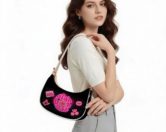Black Y2K Pink Star Swirl Shoulder Bag