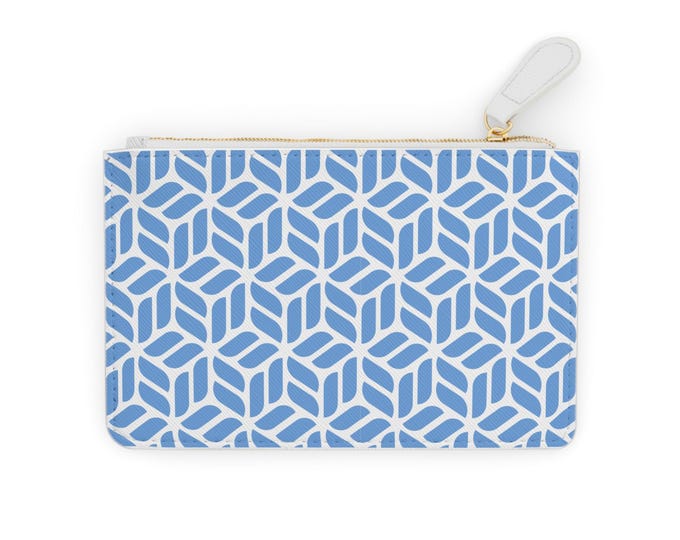 Blue Geometric Pattern Mini Clutch Bag | Modern Cube Print, Zip Wallet