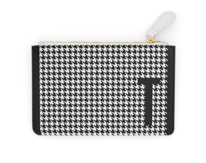 Houndstooth Black Mini Clutch – Personalized with Initial T | Vegan Leather Zippered Card Holder | Gift for Her | Stylish Mini Wallet