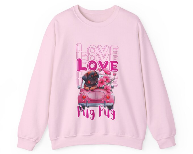 Pink Love Pug Pug Valentine Sweater,  Unisex Heavy Blend™ Crewneck Sweatshirt