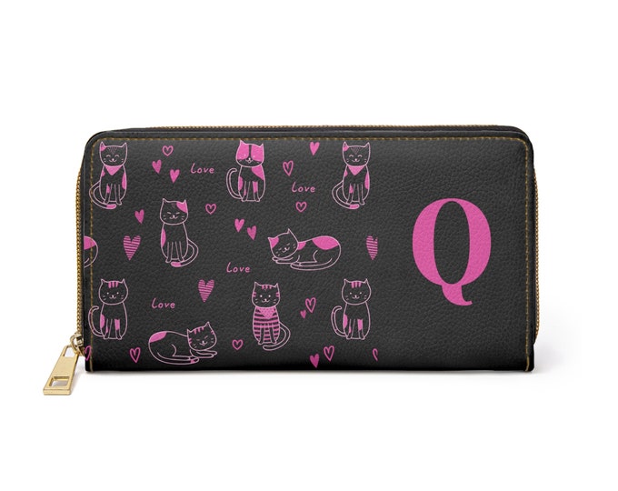 Pink Love Cats Black Wallet, Zippered Wallet, Personalized Wallet, Womens Wallet, Initial Q