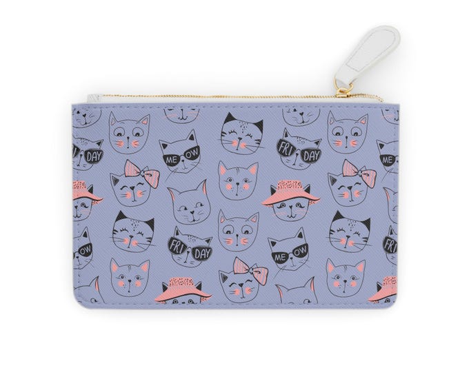 Cute Cat Faces Gray Blue Mini Clutch Bag | Pink Bow Hat Sunglasses Pattern