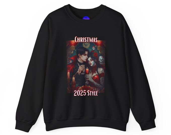 Christmas Zombie Vampire 2025 Scene Crewneck Sweatshirt | Vintage Holiday Illustration