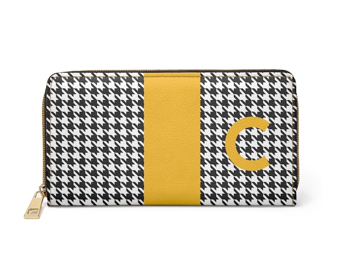 Houndstooth Black and White with Marigold C Initial Detail Womens Zippered Wallet, Personalized