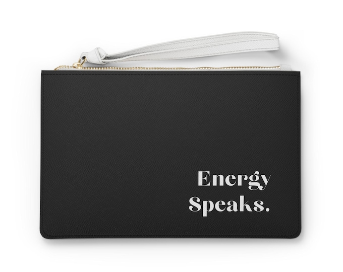Energy Speaks clutch bag | black wristlet, minimalist typographic design