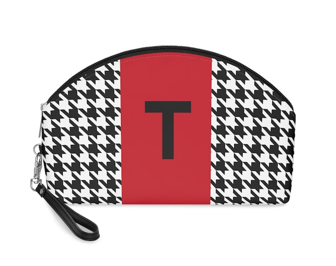 Red, Black, and White Houndstooth pattern Makeup Bag, Personalized with Initial T, Initialized Makeup Bag, Personalized Makeup Bag