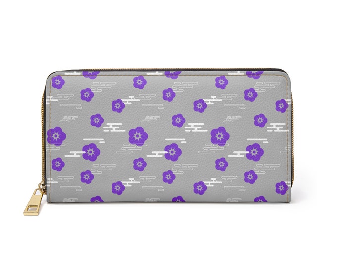 Purple and White Flower Pattern, Gray Womens Zipper Wallet, Womens Card Holder