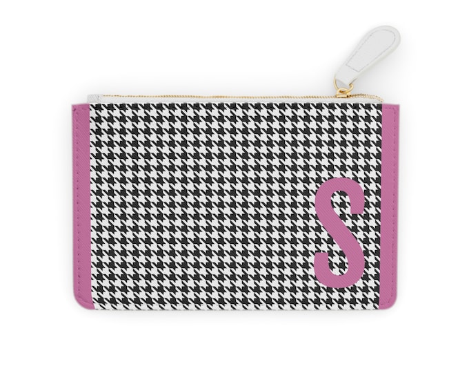 Houndstooth Pink Detail Initialized, S Initial, Personalized Mini Clutch Bag, Womens Zippered Card Holder
