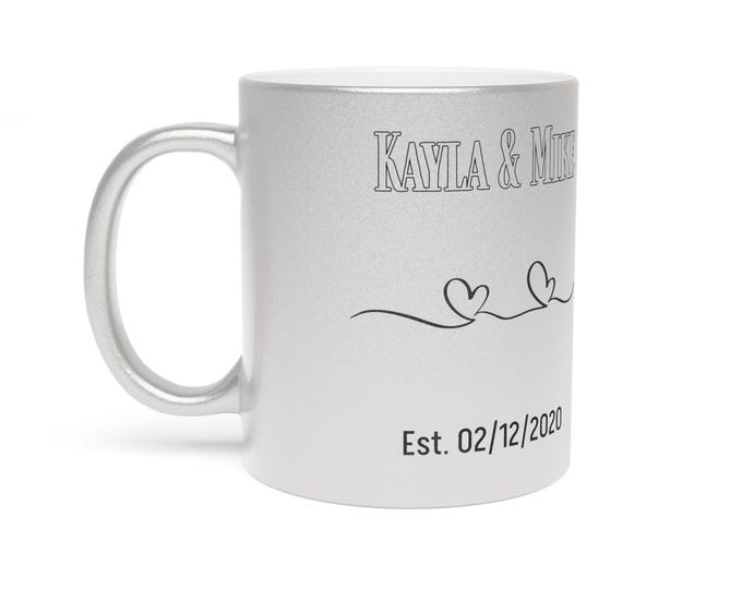 Custom Couples Name and Date Heart Line Mug | Metallic Silver Anniversary Date