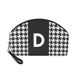 Personalized Houndstooth Makeup Bag: Initial D, Faux Leather Strap
