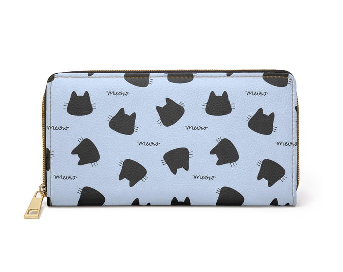 Black Cat Heads Meow Zipper Wallet | Cat Pattern, Light Blue