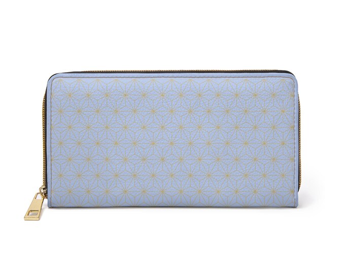 Gold Asanoha Pattern Zipper Wallet | Light Blue Leather Wallet