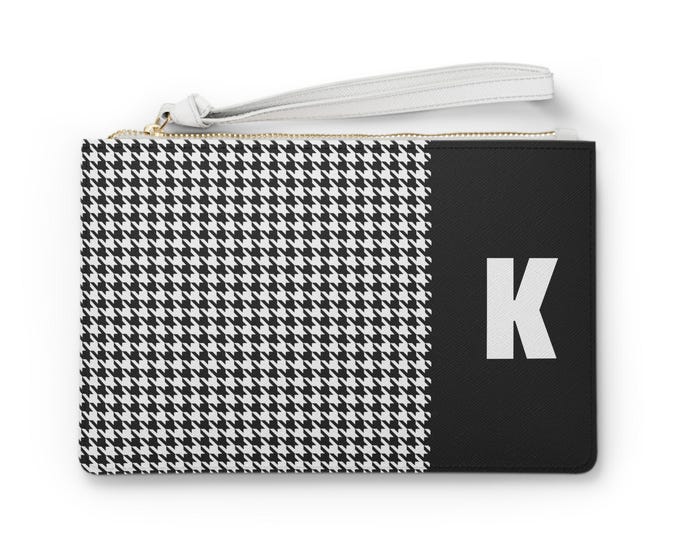 Black and White with your Initial, Choose K-O, Stylish Houndstooth Clutch Bag, Trendy Accessory for Women