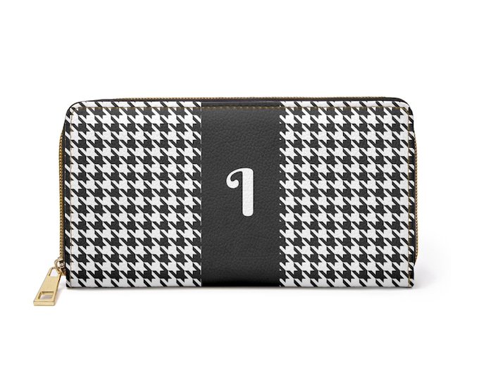 Houndstooth Black and White with White Initial I, Womens Zippered Wallet, Personalized Wallet, Womens Wallet