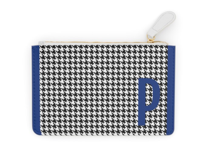 Houndstooth Blue Detail Initialized, P Initial, Personalized Mini Clutch Bag, Womens Zippered Card Holder