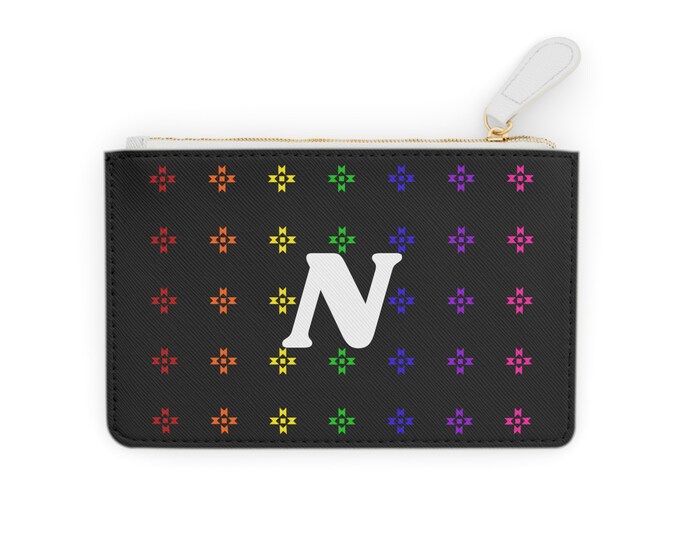 Rainbow Native Stars Mini Clutch, Personalized with White Initial N, Initialized, Womens Wallet, Card Holder, Coin Purse
