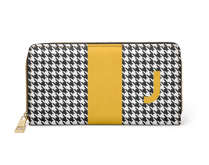Houndstooth Black and White with Marigold J Initialized Detail Womens Zippered Wallet, Personalized Wallet, Initialized, Womens Wallet