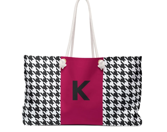 Personalized Houndstooth Weekender Tote, Fuchsia K Initial Detail, Spun Polyester Bag