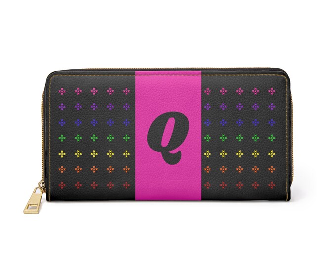 Rainbow Native Stars Womens Wallet, Pink Detail, Personalized with Black Initial Q, Initialized Zipper Wallet, Native American Designed