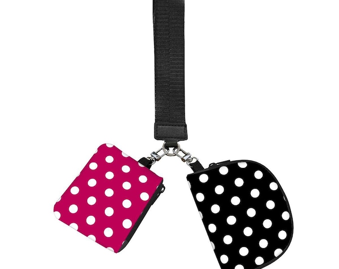 Polka Dots Dual Pouch Fuchsia and Black Keychain Wristlet Wallet