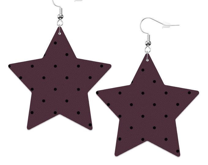 Native Berry with Black Polka Dots Star Earrings – Minimalist Faux Leather Statement Jewelry, Lightweight Gift for Her