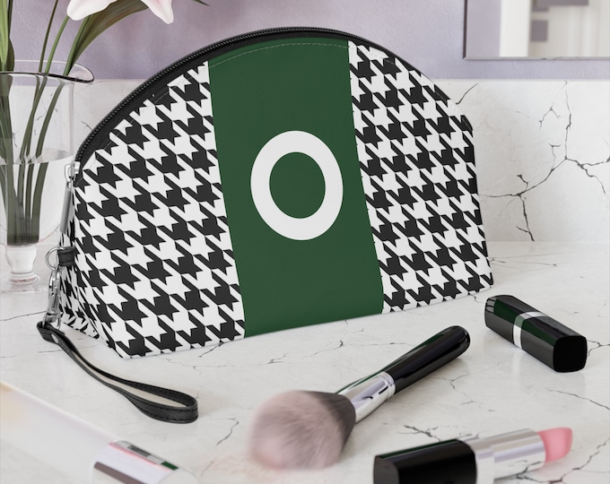 Houndstooth Makeup Bag: Personalized Initial, Green & Black