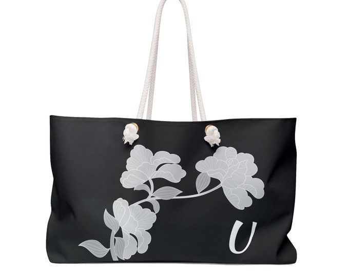 Black & White Floral Tote Bag, Personalized Weekender with Initial U, Oversized Beach Bag, Gift for Her, Travel Tote
