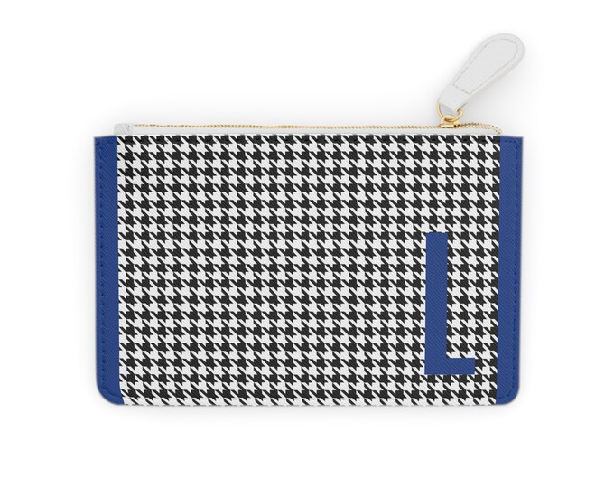 Houndstooth Blue Detail Initialized, L Initial, Personalized Mini Clutch Bag, Womens Zippered Card Holder