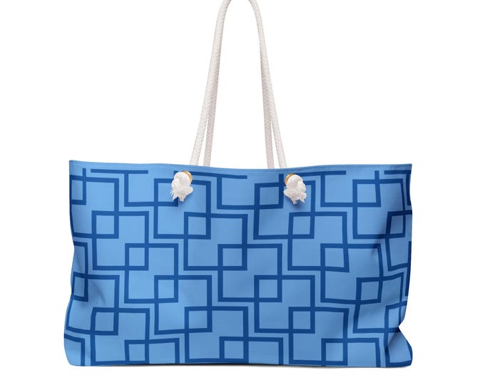 Blue Geometric Square Pattern Weekender | Nautical Rope Tote