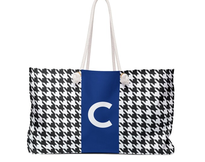 Houndstooth Black & White Weekender Tote | Blue C Initial | Personalized Women’s Handbag